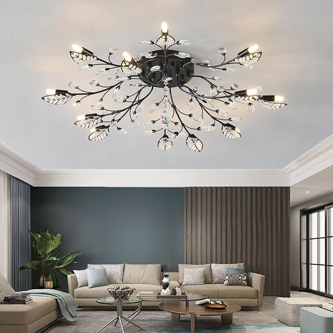Modern Crystal Ceiling Light Fixture,Semi Flush Mount Chandeliers,Crystal Leaf Ceiling Light, Chandeliers for Dining Room,Living Room,Bedroom