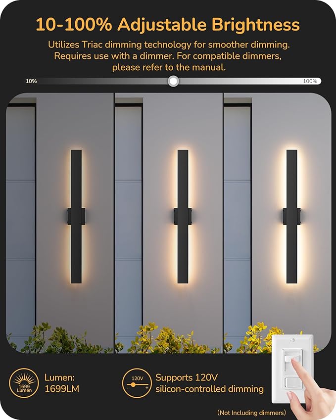EDISHINE 31in LED Outdoor Wall Lights, 3CCT & 10%-100% Dimmable, IP65 Waterproof, Modern Exterior Lighting Fixtures, Long Exterior Wall Lights for Garage, Front Door, 2 Pack, Black