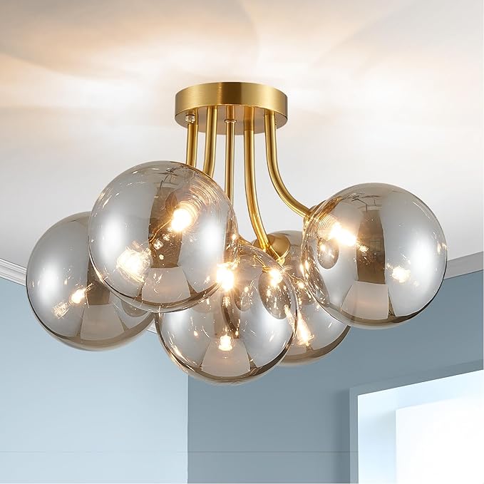 Gold Bubble Glass Chandelier 5-Light, Glass Sputnik Flush Mount Ceiling Light for Living Room, D16'' x H12'', G9*5 Sockets, Globe Bubble Light Chandelier with Grey Ball Smooth Shade