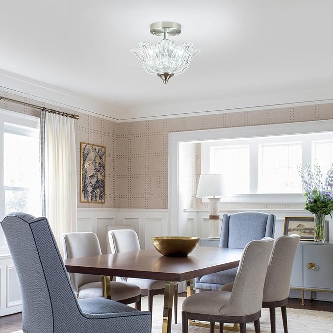 Semi Flush Mount Ceiling Light, Brushed Nickel Light fixtures with Floral Clear Glass Shade, Modern Close-to-Ceiling Lighting for Bedroom Kitchen Living Room Hallway