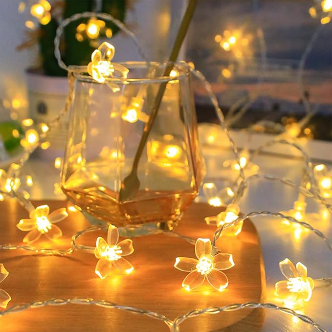 Battery & USB Lighted 10ft 30 LED Warm White Fairy Flower String Lights | Cute Cherry Blossom Fairy Lamp Decor For Indoor Outdoor Christmas, Valentine's Day, Halloween, Easter, Xmas Tree Hanging