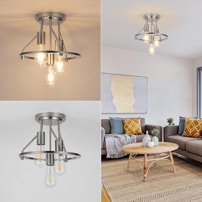 WILON Ceiling Light,Brushed Nickel Semi Flush Mount Light.3-Light Ceiling Light Fixtures Farmhouse Kitchen Light Industrial Hallway Light Fixtures E26 Socket Lamp for Hallway Kitchen Foyer