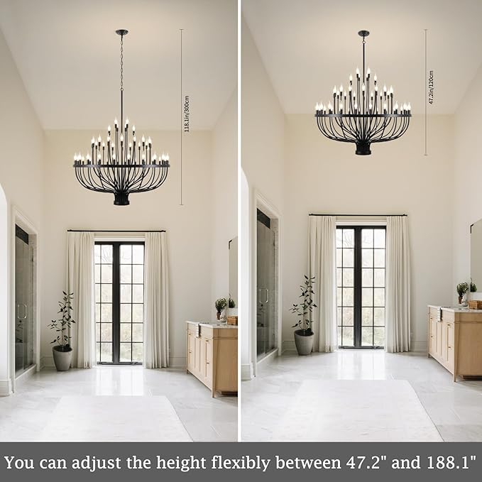 Shandaglo Large Black Chandelier 48 Light for High Ceilings, Big Farmhouse Wagon Wheel Chandelier for Dining Room 3-Tier 47.2 in for Hallway, Living Room, Foyer