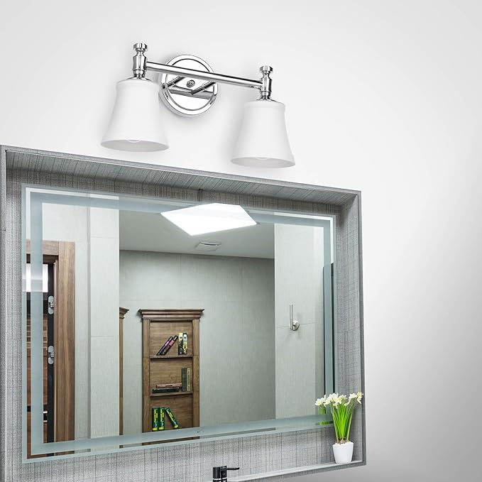Bathroom Vanity Light Fixtures, Traditional Chrome 2 Lights Wall Sconce Lighting with Opal Glass Shade, Porch Wall Mount Light Fixture for Bathroom, Mirror Cabinets Hallway Stairs