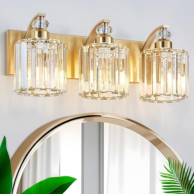 3-Lights Brushed Brass Bathroom Light Fixture Gold Vanity Lights Modern Crystal Bathroom Vanity Lighting Over Mirror Wall Sconce with K9 Crystal Shade E26 Base for Living Room, Bedroom Wall Lamp