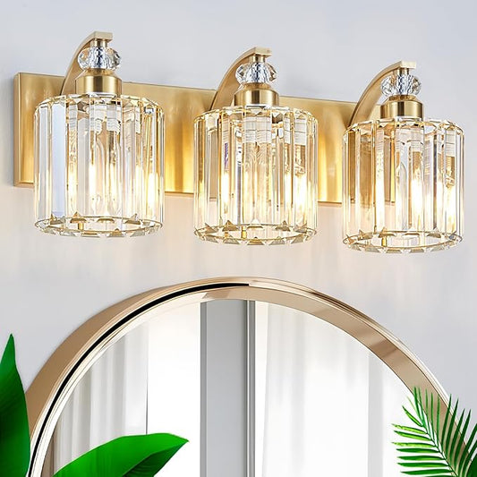 3-Lights Brushed Brass Bathroom Light Fixture Gold Vanity Lights Modern Crystal Bathroom Vanity Lighting Over Mirror Wall Sconce with K9 Crystal Shade E26 Base for Living Room, Bedroom Wall Lamp