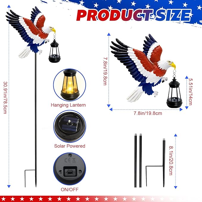 4th of July Independence Day Solar Eagle Garden Lantern Outdoor,Patriotic Bald Eagle Decor Lights,Waterproof Solar Yard Light with LED,American Gifts for Dad Veterans