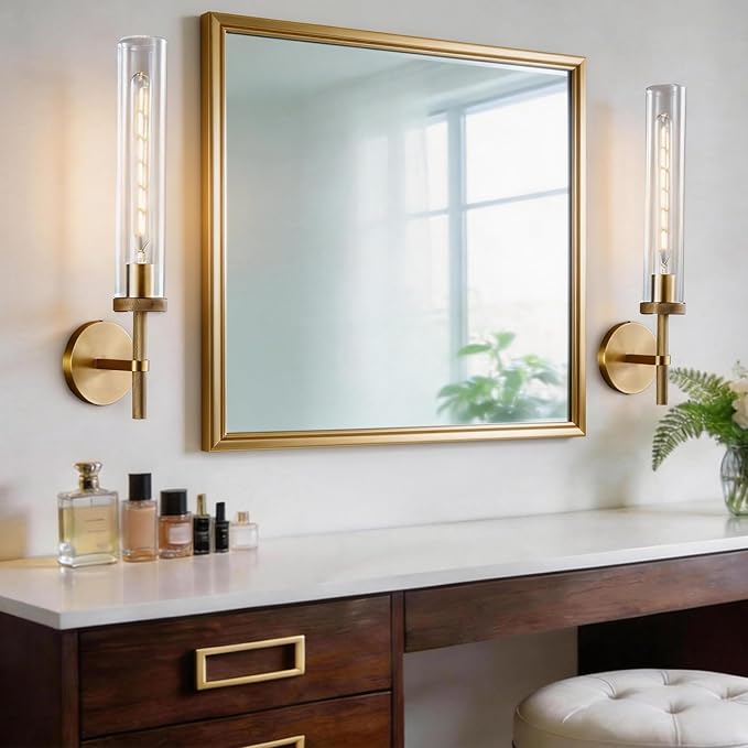Bathroom Sconces Set of 2, 19.5" Brushed Cylinder Wall Sconces, Gold Vanity Lights for Bathroom Mirror with E26 Bulbs Included