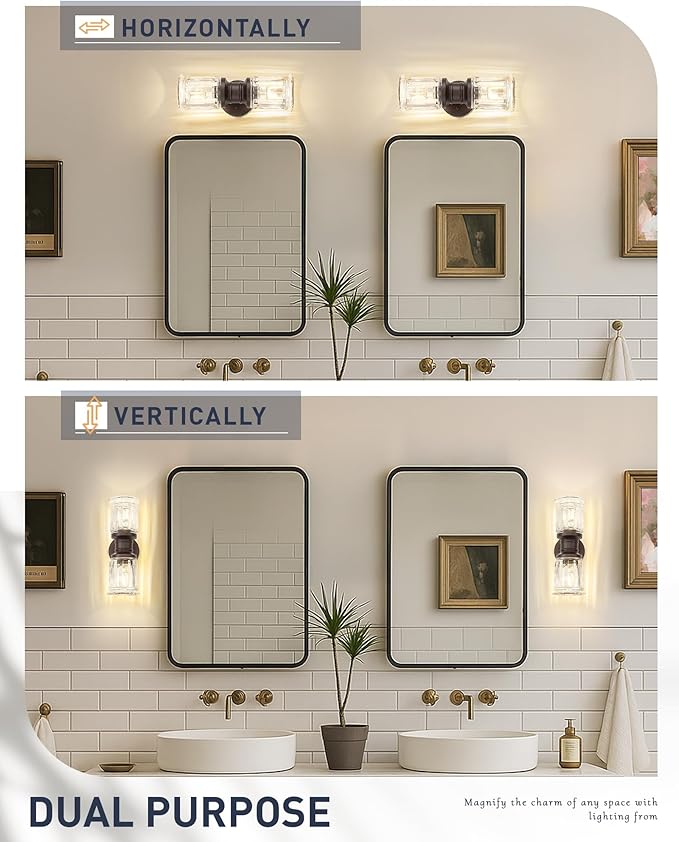 Rustic Wall Sconces, HWH Farmhouse Sconce Wall Lighting in Oil-Rubbed Bronze Finish, 2-Light Indoor Up Down Wall Light for Bathroom, Bell-Shaped Clear Glass, 5HZG106B-2W ORB