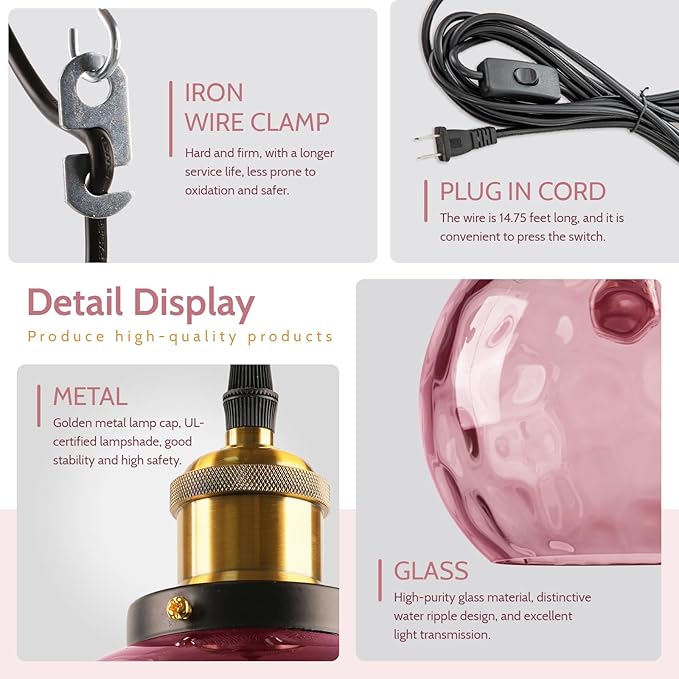Pink Hanging Light Plug in 2 Pack, Hammered Glass Globe Hanging Ceiling Lamp Plug in, Mid Century Modern Pendant Lighting with Cord for Kitchen Island Sink Dining Room Girls Bedroom