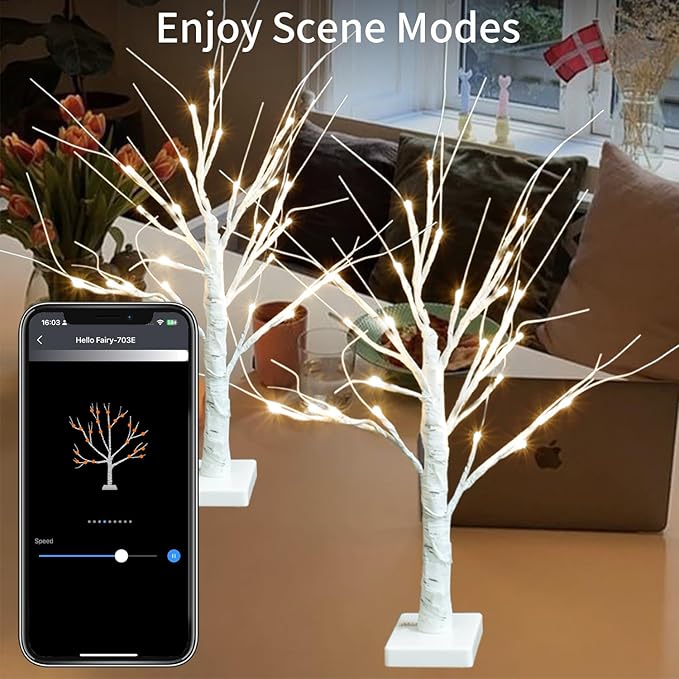 2FT Smart Birch Tree with LED Lights, Bluetooth App Controlled, 18 Modes, Dimmable, Timer, Music Sync, Warm White LED for Indoor Christmas Tabletop Centerpiece, Wedding & Valentine’s Day Decor, 2 Pack