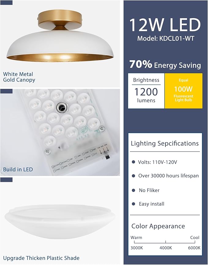 kudos Flush Mount Ceiling Light, 12-inch LED Ceiling Light Fixture, White and Gold Finish, 12W 1200lm Light Fixtures Flush Mount for Bedroom, Hallway, 3CCT Adjustable, KDCL01-WT