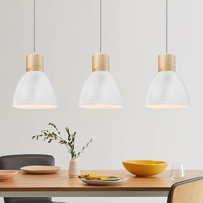 ELYONA 3 Pack White Hammered Pendant Lights for Kitchen Island 7” Small Nordic Solid Wood Hanging Light Fixtures, Modern Metal Pendant Light Fixtures for Bar, Dining Room, Bedroom, Hallway, Office