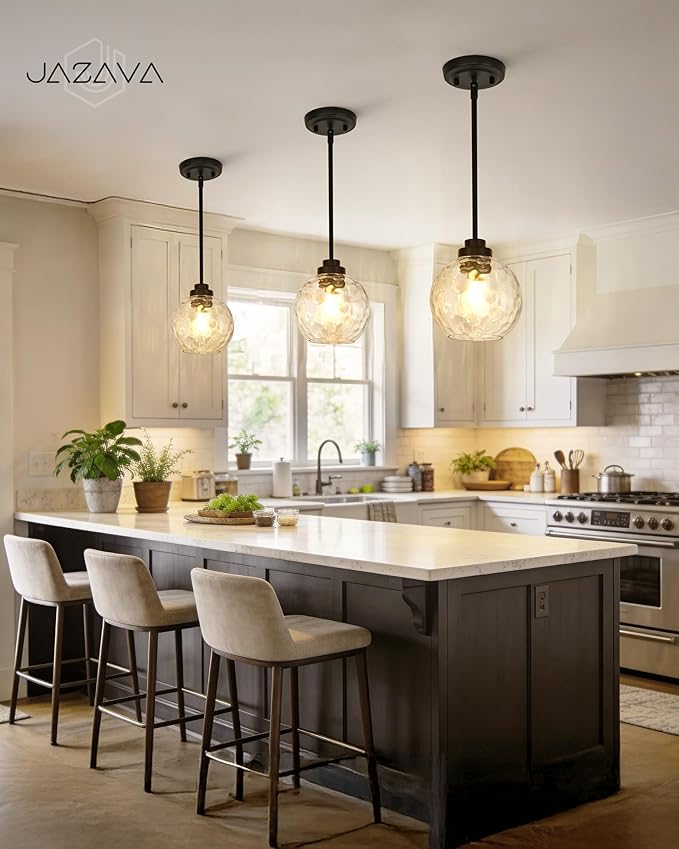 8 Inch Modern Farmhouse Pendant for Kitchen Island, Adjustable Height Hanging Fixture with Hammered Glass, Matte Black, Dining Room Entryway - PL101HBK-L