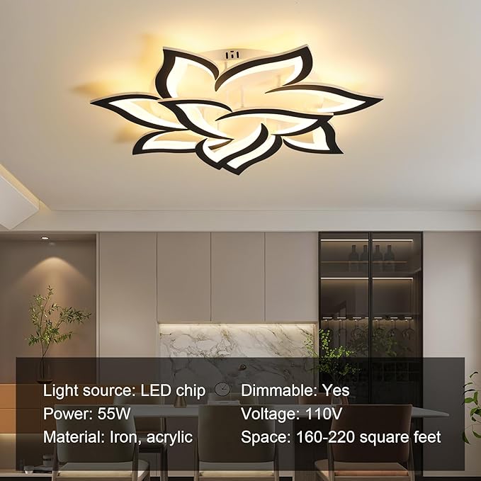 JAYMP 31.5" Flower Shaped Ceiling Light Dimmable Modern Ceiling Lamp Remote Control LED Lighting Fixture for Living Room Bedroom Dining Room (Black/10 Petals)