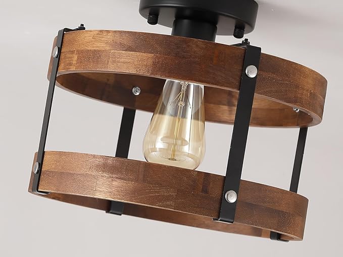 Rustic Farmhouse Wood Flush Mount Ceiling Light Fixture 1 Light Oak Wood and Metal Round Drum Semi Flush Mount Ceiling Light for Kitchen Hallway Entryway Bedroom Farmhouse Country, Black