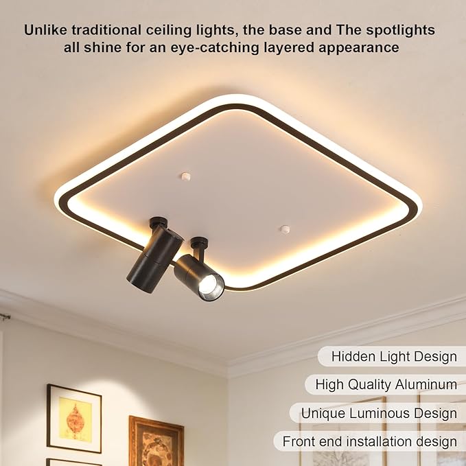 Modern Square LED Flush Mount Ceiling Light Fixture, 2 Adjustable Spotlights, Black Frame White Shade Minimalist Lighting for Living Room Bedroom Kitchen
