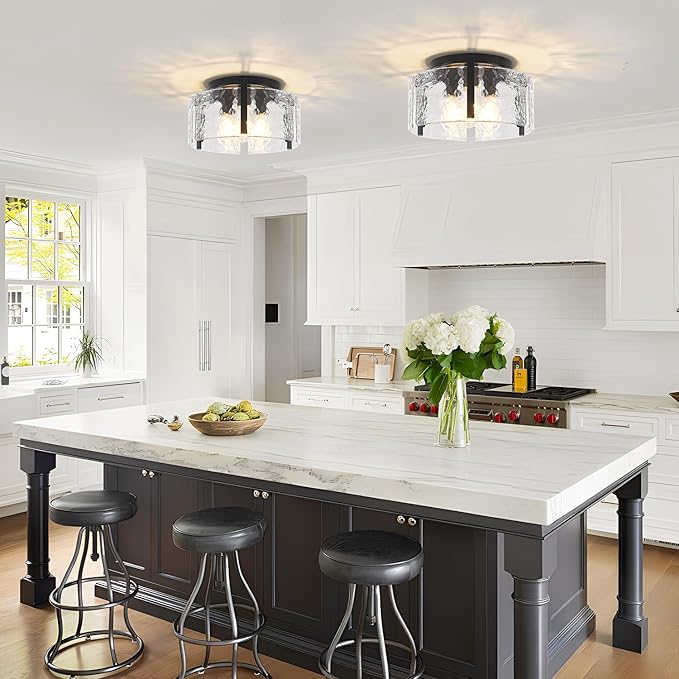 15'' Modern Black Semi Flush Mount Ceiling Light, Hallway Light Fixtures, 3-Light Glass Ceiling Lights for Entryway Kitchen Island Dining Room Foyer Bedroom Laundry Room Bathroom Lighting Fixtures