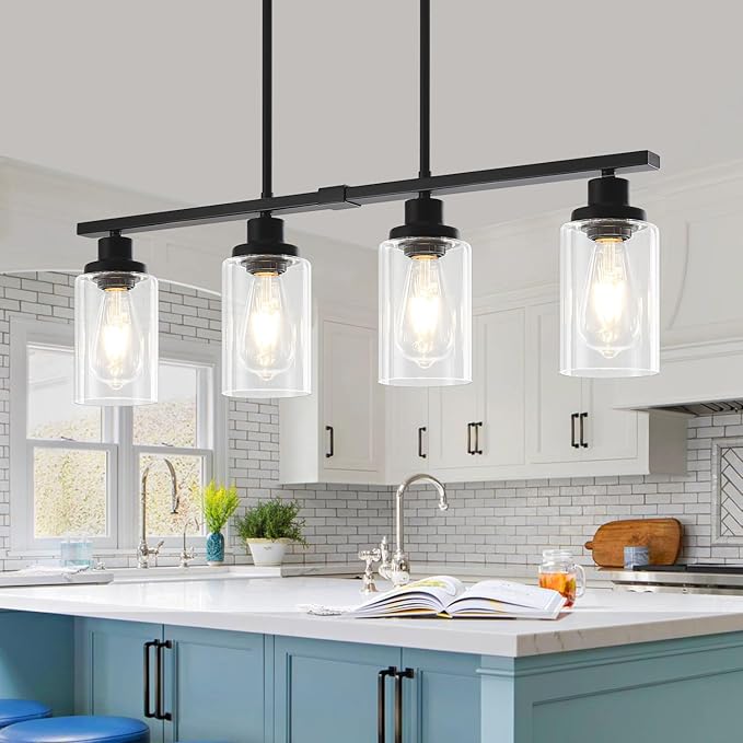 Modern Island Lights for Kitchen Black Dining Room Light Fixtures Over Table 4-Light Farmhouse Linear Chandelier Adjustable Hanging Kitchen Lights Ceiling Clear Glass Pendant Lighting Over Island