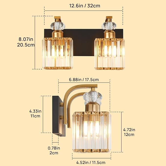 Modern Bathroom Vanity Light, 2-Light Black Gold Bathroom Lighting Fixtures Over Mirror, 12.6" Crystal Wall Light Sconce for Bathroom/Bedroom/Vanity, Includes LED Bulbs, Easy Installation