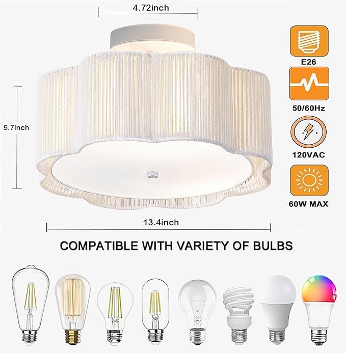 13.4" Rattan Flush Mount Ceiling Light Fixtures,3-Light Boho Nursery Light Fixtures Ceiling Mount for Bedroom,Mini Rattan Chandelier,White Small Chandelier Lighting for Dining Room Hallway