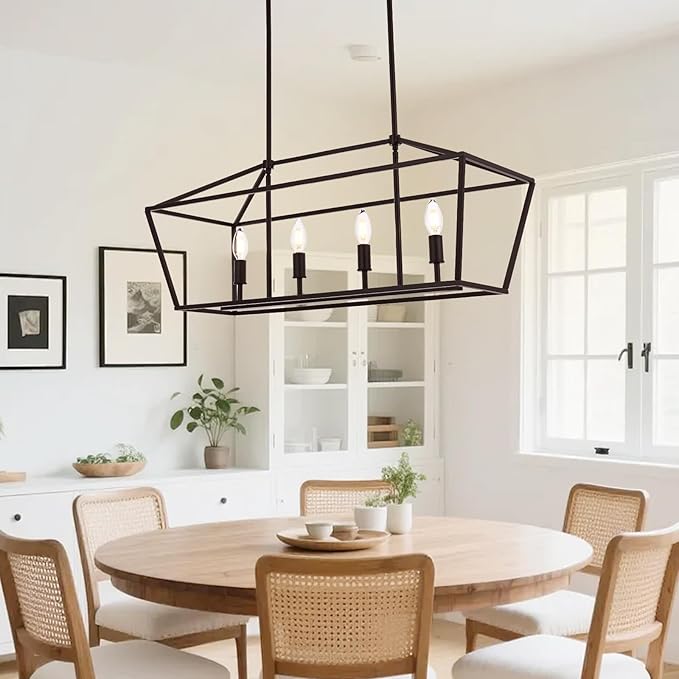 4-Light Kitchen Island Lighting, Dining Room Farmhouse Lantern Chandelier for Over Pool Table Living Room, Pendant Light Fixtures E12 Bulb Base & Oil Rubbed Bronze