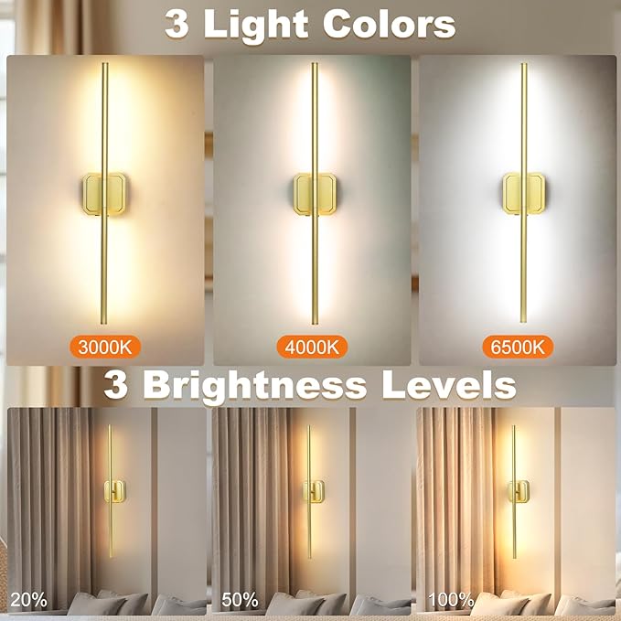 Battery Operated Wall Sconces Set of 2, Rechargeable Wall Sconces with Remote Control, LED Gold Wall Lights, 3000K-6000K Dimmable 360° Rotatable for Living Room, Bedroom, Hallway, 28''