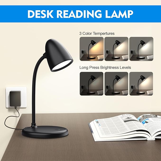 LED Desk Lamp for Home Office,3 Light Colors,Table Lamp,Dimmable Reading Light for Bedside Small Desk Lamp for College Dorm Room,Bedroom Desk Light,Black