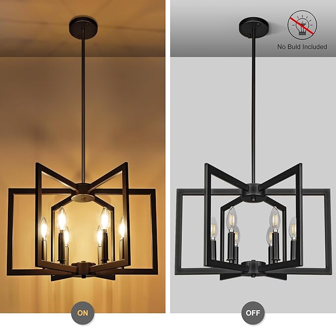 Klgxnrd 6-Light Modern Farmhouse Black Chandeliers for Entryway, Geometric Pendant Lights Kitchen Island, Hanging Industrial Metal Chandelier for Stairway Foyer Hallway Dining Room