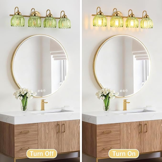 Vintage Bathroom Light Fixtures, Brass Vanity Lights with Green Tulip Glass Shade, Vanity Sconces for Bathroom Bedroom Living Room Hallway, 4-Light