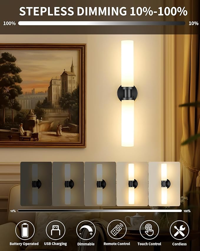Rechargeable Battery Operated Wall Sconce, 8000mAh Cordless Wall Light with Dimmable, Timer Function, 3000K Warm White, Easy Install for Living Room, Bedroom, Black with White Shades, Bulbs Included