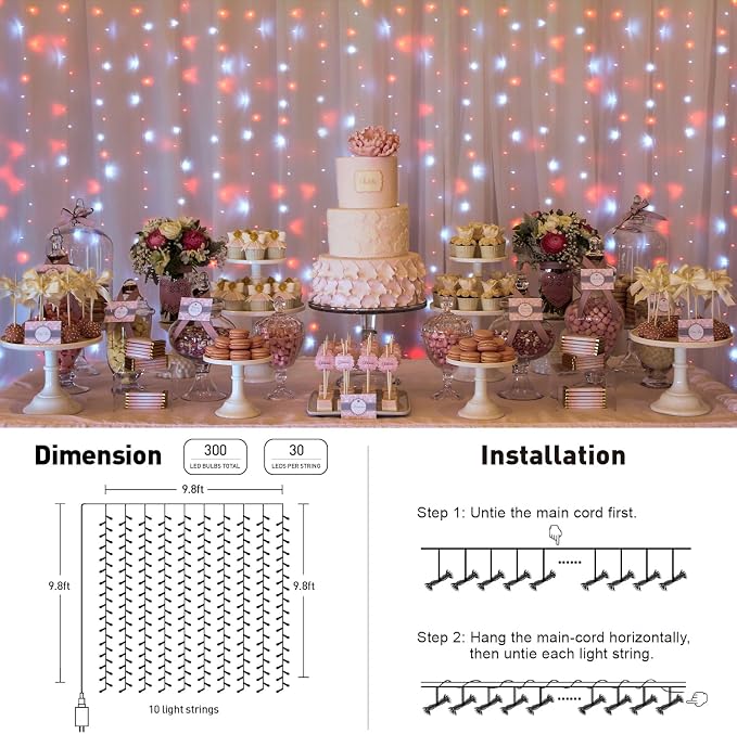 JMEXSUSS 300LED Red and White Christmas Curtain Lights with Remote, 9.8x9.8ft Christmas String Lights Plug in, 8 Modes Twinkle Hanging Fairy Lights for Bedroom Window Wall Porch Indoor Outdoor Decor