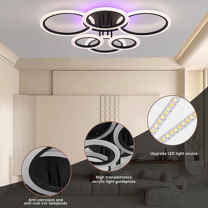 Modern LED Ceiling Light,Dimmable Ceiling Lights for Bedroom,70W Flush Mount Ceiling Light,6 Rings Lighting Fixture LED Ceiling Lamp for Kitchen,Living Room,Laundry Room,3000-6000K,Black