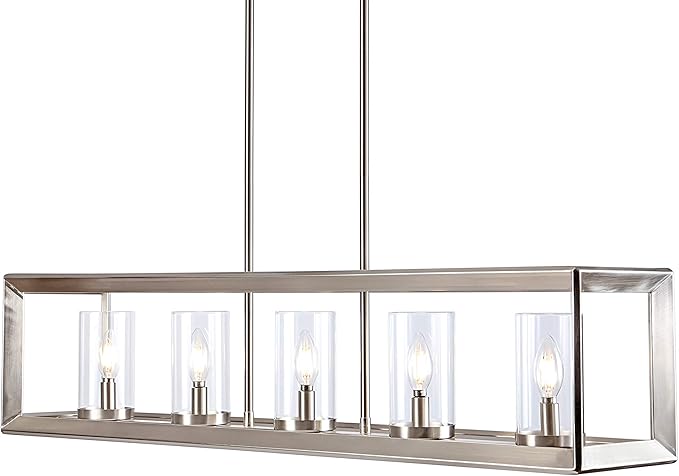 JONATHAN Y 38.5" Nickel Linear 5-Light LED Chandelier, Adjustable Clear Glass Shades Modern Pendant Light Fixture for Kitchen Island, Dining Room, ETL Listed (JYL7414B)