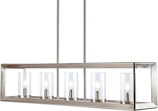 JONATHAN Y 38.5" Nickel Linear 5-Light LED Chandelier, Adjustable Clear Glass Shades Modern Pendant Light Fixture for Kitchen Island, Dining Room, ETL Listed (JYL7414B)