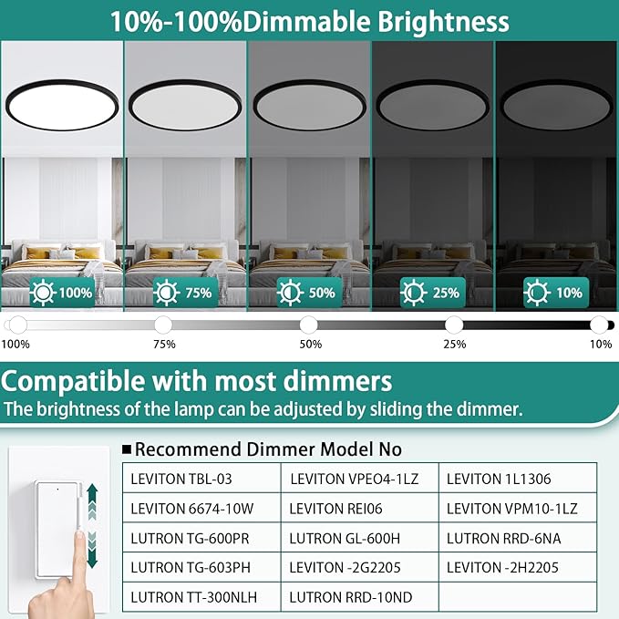 20 Inch LED Flush Mount Ceiling Light Fixture,Dimmable Ultra Thin Round Ceiling Light,40W 4000 Lumens,3 Color Temperatures 3000K 4000K 6000K,Black,for Kitchen Dining Room Bedroom Office