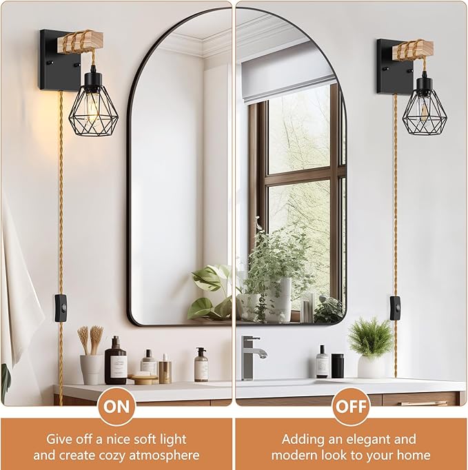 Lomoky Farmhouse Wood Wall Sconces with Plug in Cord, Black Wall Sconces Set of Two, Wall Lamps that Plug into Wall Outlet, Vintage Sconce Lighting Wall Decor for Bedroom Living Room, with 5.58FT Cord