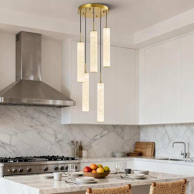 LMQNINE Natural Alabaster Pendant Lights for Kitchen Island White Marble Long Tube Chandelier 4000K Modern Gold Ceiling Light Fixtures for Bedroom Dining Room Table Living Room Hallway(M-5Light)