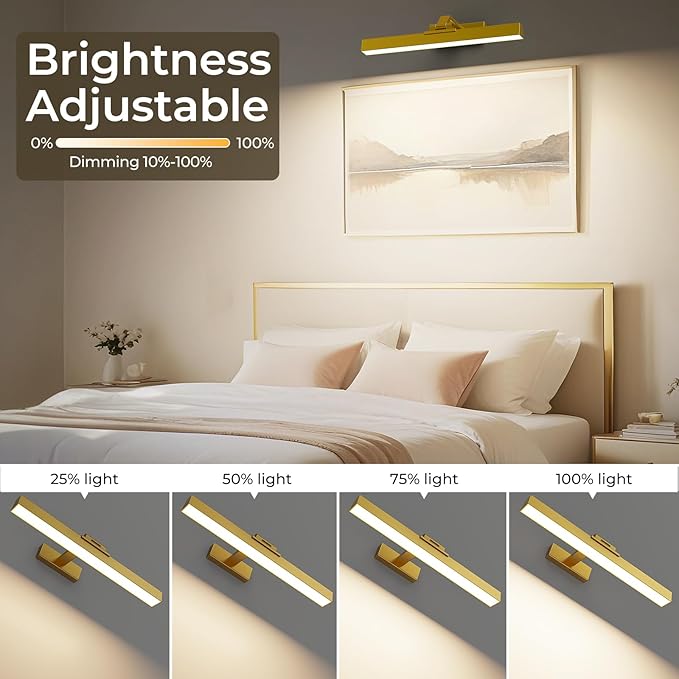 Afyuol Picture Lights for Wall, Battery Operated Picture Light 16in Art Light CCT Dimmable Recharging Battery Wall Light with Remote Control for Living Room Gallery Gold 2PCS