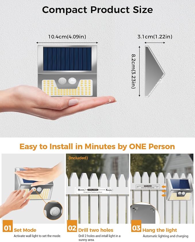 vighep 4 Pack Solar Lights Outdoor Motion Sensor, Waterproof Fence Lights 3 Lighting Mode, Warm White LED Outside Light Wireless for Fence Wall Yard Steps Stairs Garden -Stainless Steel
