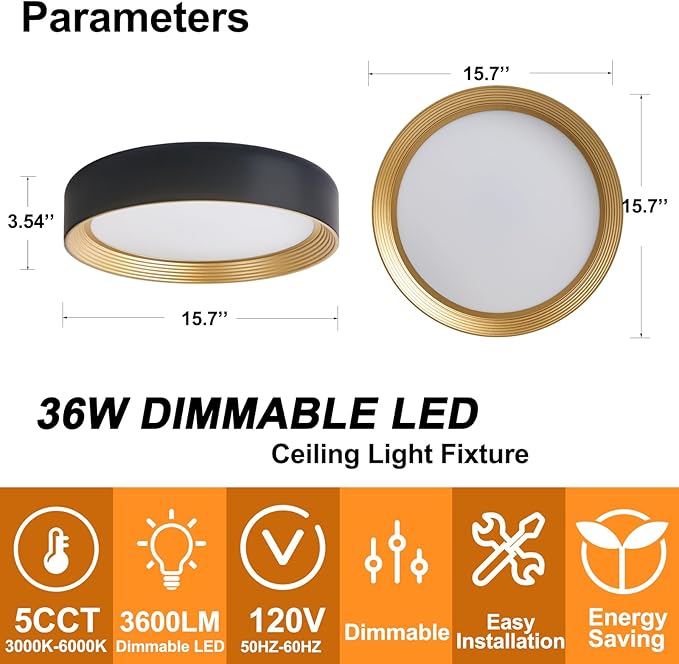 Dimmable Modern LED Flush Mount Ceiling Light,15.7 Inch 5CCT 36W/3000K-6000K,Minimalist Round Black and Gold Close to Ceiling Lighting Fixtures for Bedrooms,Dining Rooms,Living Room,Kitchens
