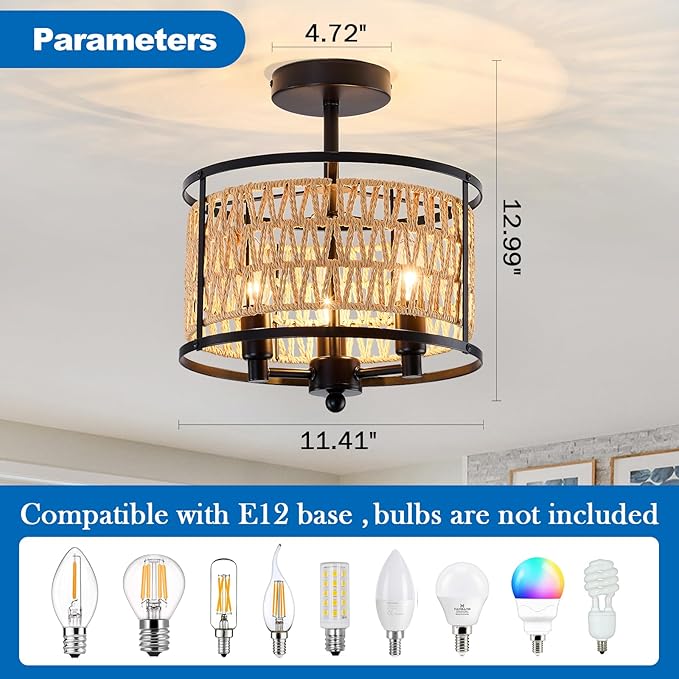 3 Light Rattan Ceiling Light Fixture 11inch Boho Semi Flush Mount Ceiling Light Black Hand-Woven Cage Wicker Chandelier for Farmhouse Bedroom Hallway Entryway Kitchen