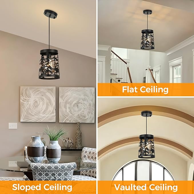 2 Pack Rustic Pendant Lights with Bear and Deer Design, 1-Light Black Round E26 Base Cage Metal Fixture Adjustable Hanging Height for Kitchen Island, Hallway, Dining Room, Foyer, Bedroom