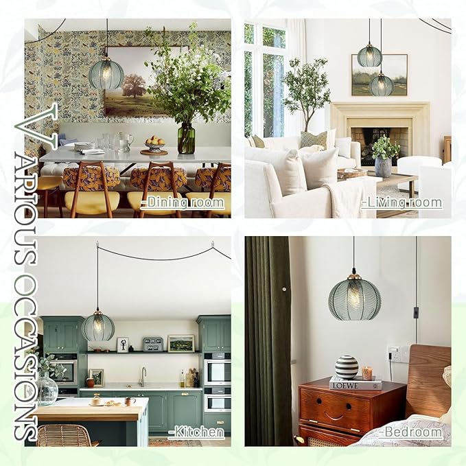 Plug in Hanging lamp 2 Pack,14.75ft Hanging Light with Plug in Cord Hand Blown Green Glass Pendant Lamp Globe Pendant Light Plug in Pendant Light for Kitchen Bedroom Living Dining Room