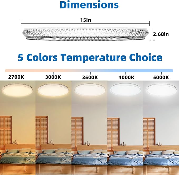 LED Ceiling Light 15-Inch Dimmable Flush Mount with 5CCT Adjustable Color Temperature (2700K-5000K), 35W 4000LM, Ceiling Light Fixture for Bedroom, Kitchen, Living Room, Office, and Hallway.