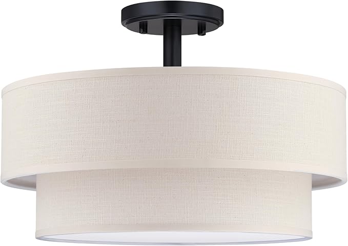 3 Lights 15 Inch Semi Flush Mount Close to Ceiling Light Fixture,Cream Fabric Shade Black Finish for Bedroom,Living Room,Dining Room Hallway
