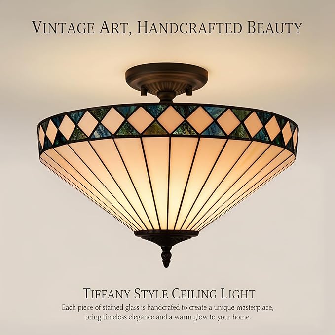 DEYNITE Tiffany Style Ceiling Light Stained Glass Shade, 3-Light Black Semi-Flush Light Fixture 16 Inches for Bedroom Hallway Dining-Dimmable, E26 Base
