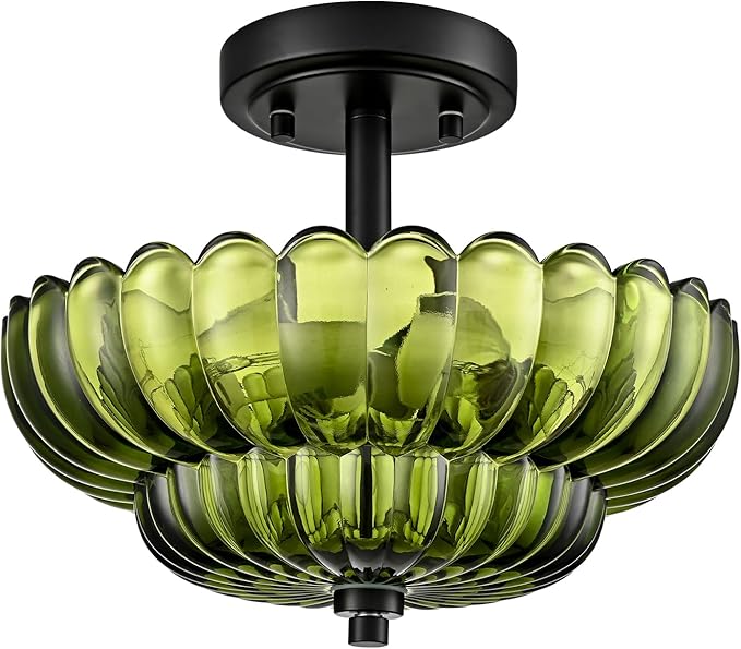 Semi Flush Mount Ceiling Light Fixture, Green Glass 3-Light Modern Vintage Ceiling Lights, Scalloped Close to Ceiling Light, Black Base Flush Mount Ceiling Light for Hallway Bedroom Entryway Kitchen