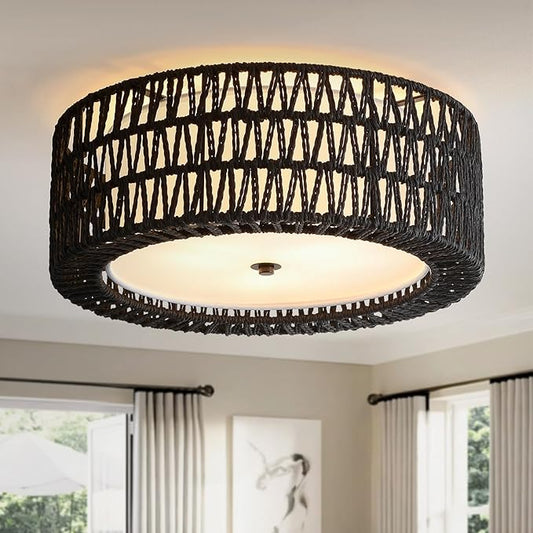 Boho Flush Mount Ceiling Light, 3-Light Rattan Light Fixture Bedroom Light Fixtures 15.7" Modern Black Ceiling Light for Nursery Hallway Entryway Kitchen Dining Room