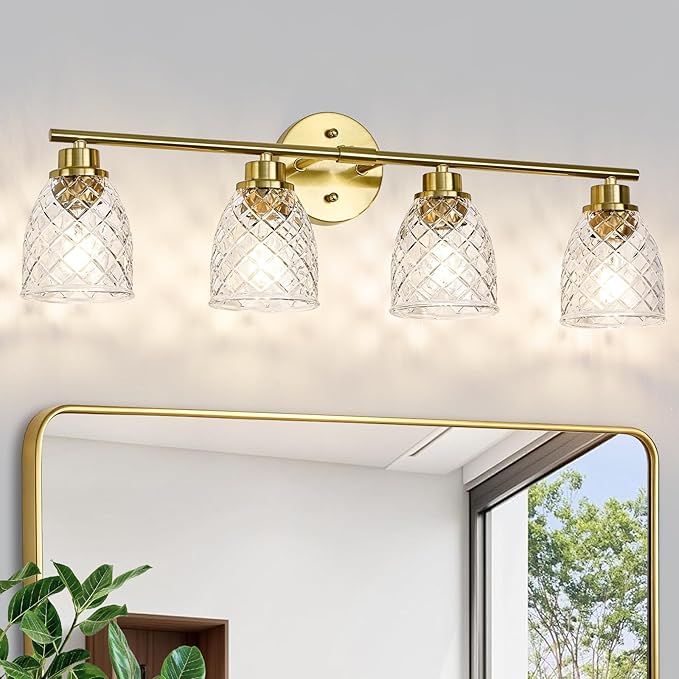 4-Light Bathroom Light Fixtures, Modern Brushed Gold Vanity Light Over Mirror, Wall Sconce with Clear Hammered Glass Shades, E26 Base (Bulbs Not Included)